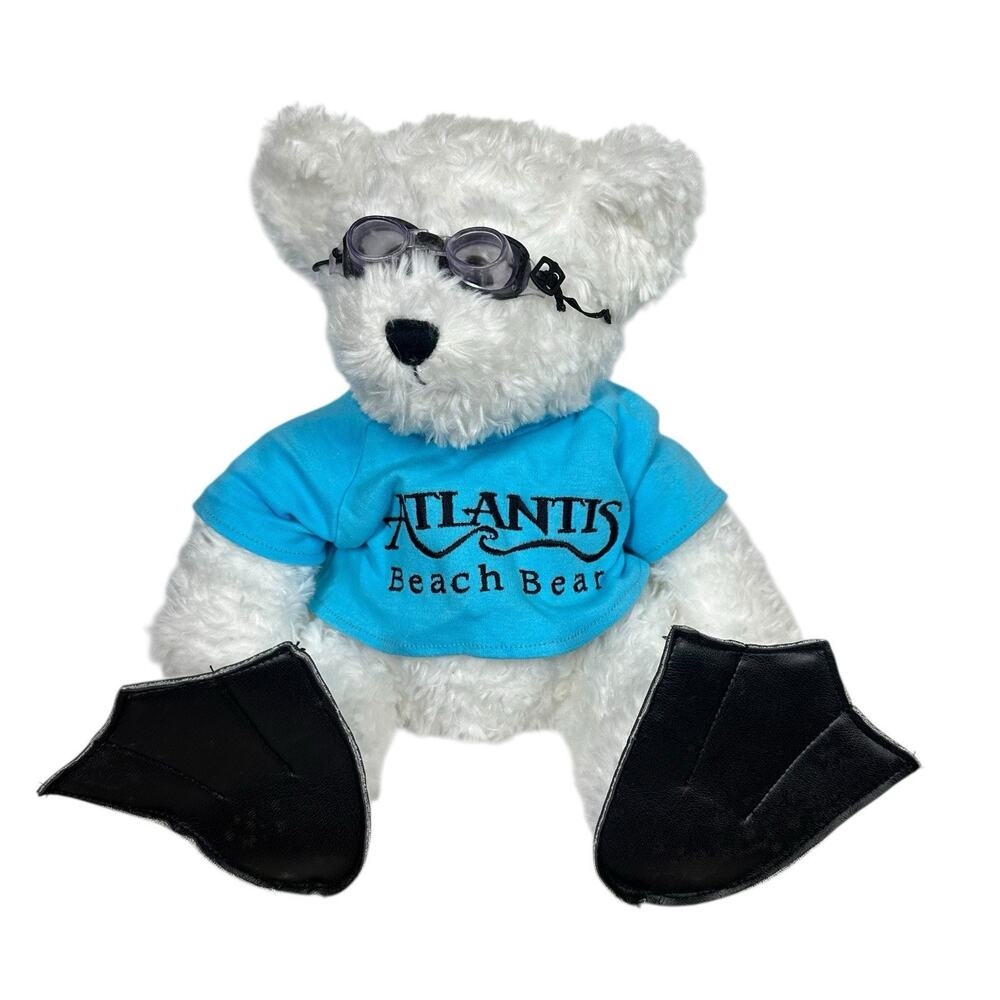 Vtg Atlantis Beach Bear Paradise Island Plush Stuffed‎ White w/Goggles Flippers